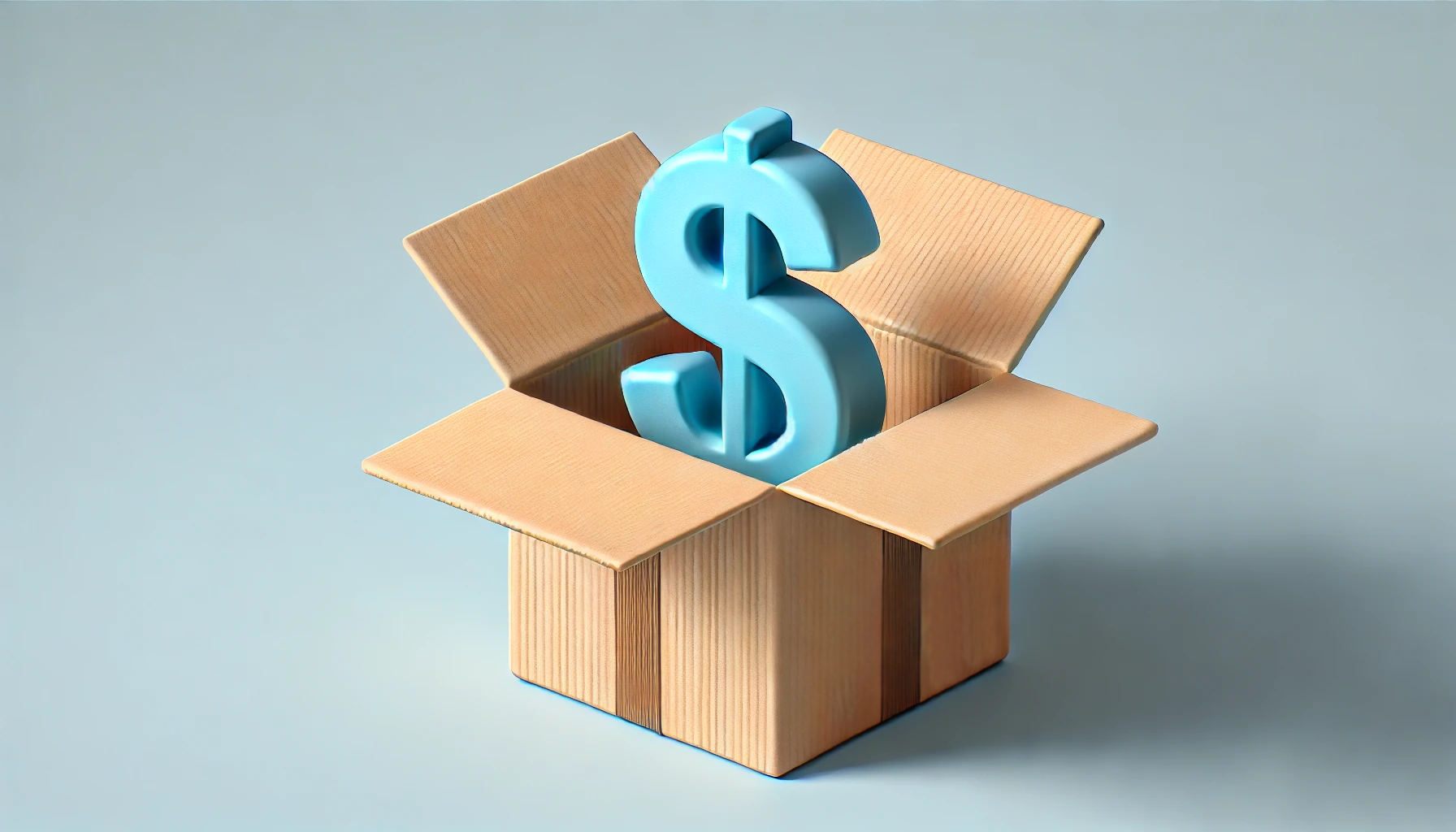 DALL·E 2024 07 17 12.58.28 A realistic 3D depiction of a light brown cardboard box opening with a small simple blue dollar sign emerging from it. The dollar sign should have sm