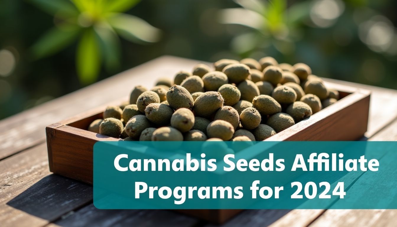 A rustic wooden box holding neatly arranged cannabis seeds outdoors.