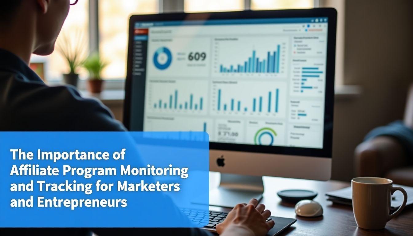 Affiliate marketing dashboard with coffee on cluttered desk, importance of monitoring.